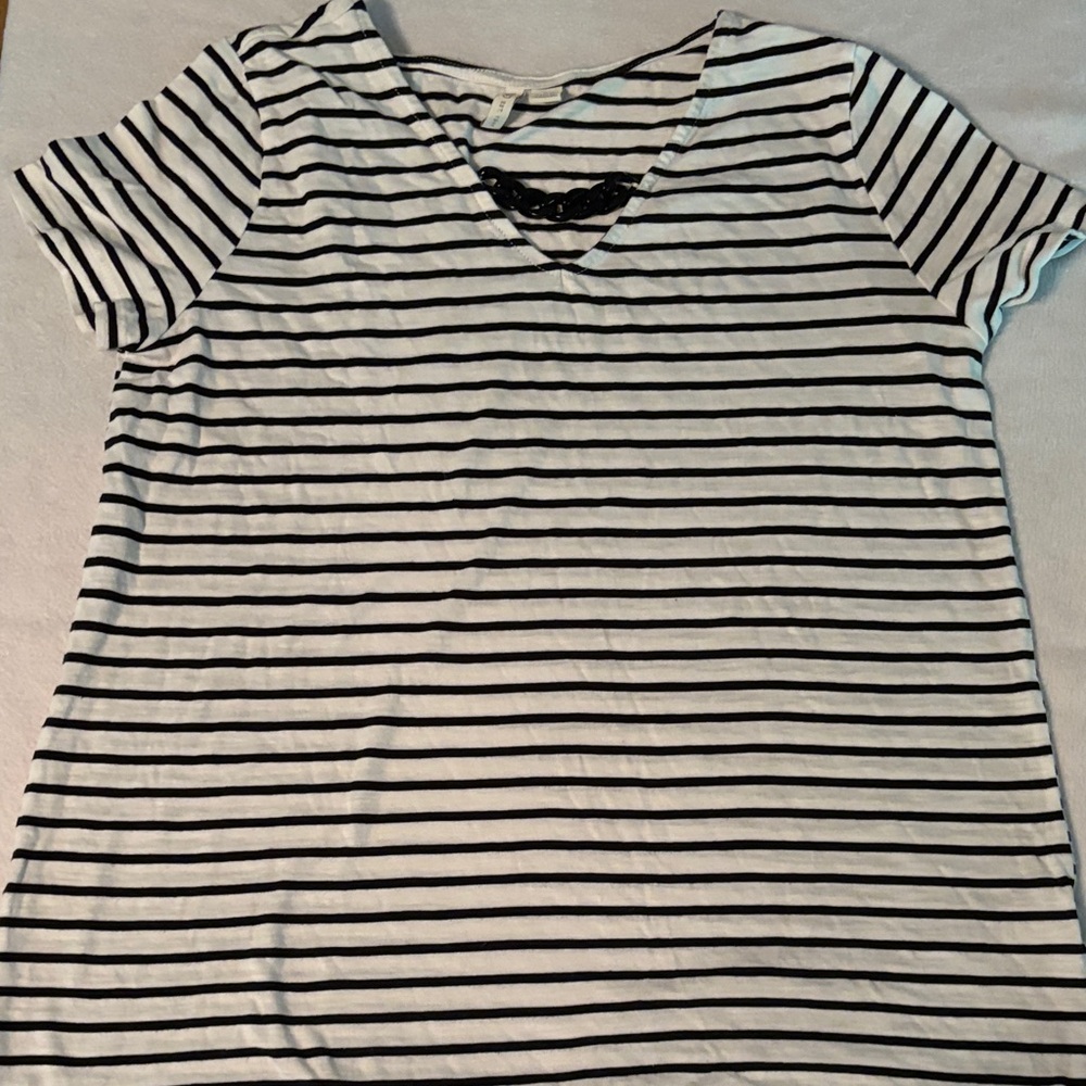 CATO Black and White Striped V-Neck Short Sleeve Tee